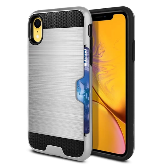 FINCIBO Brushed Card Wallet Hybrid Case Slim Hard Layer Armor Cover for Apple iPhone XR 6.1", Silver