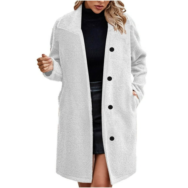 WRKEKC Women's Shacket Style Plush Coat Button Front Pockets Flannel Lined Winter Long Trench