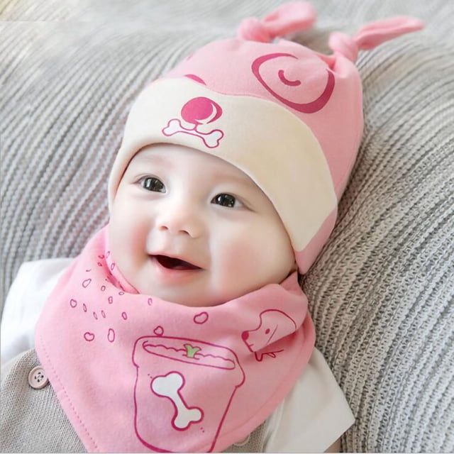 Gorro de bebé, bufanda, calentador de orejas, algodón, capucha, gorro de otoño para niños de 3 a 6 meses, conjunto rosa para niñas