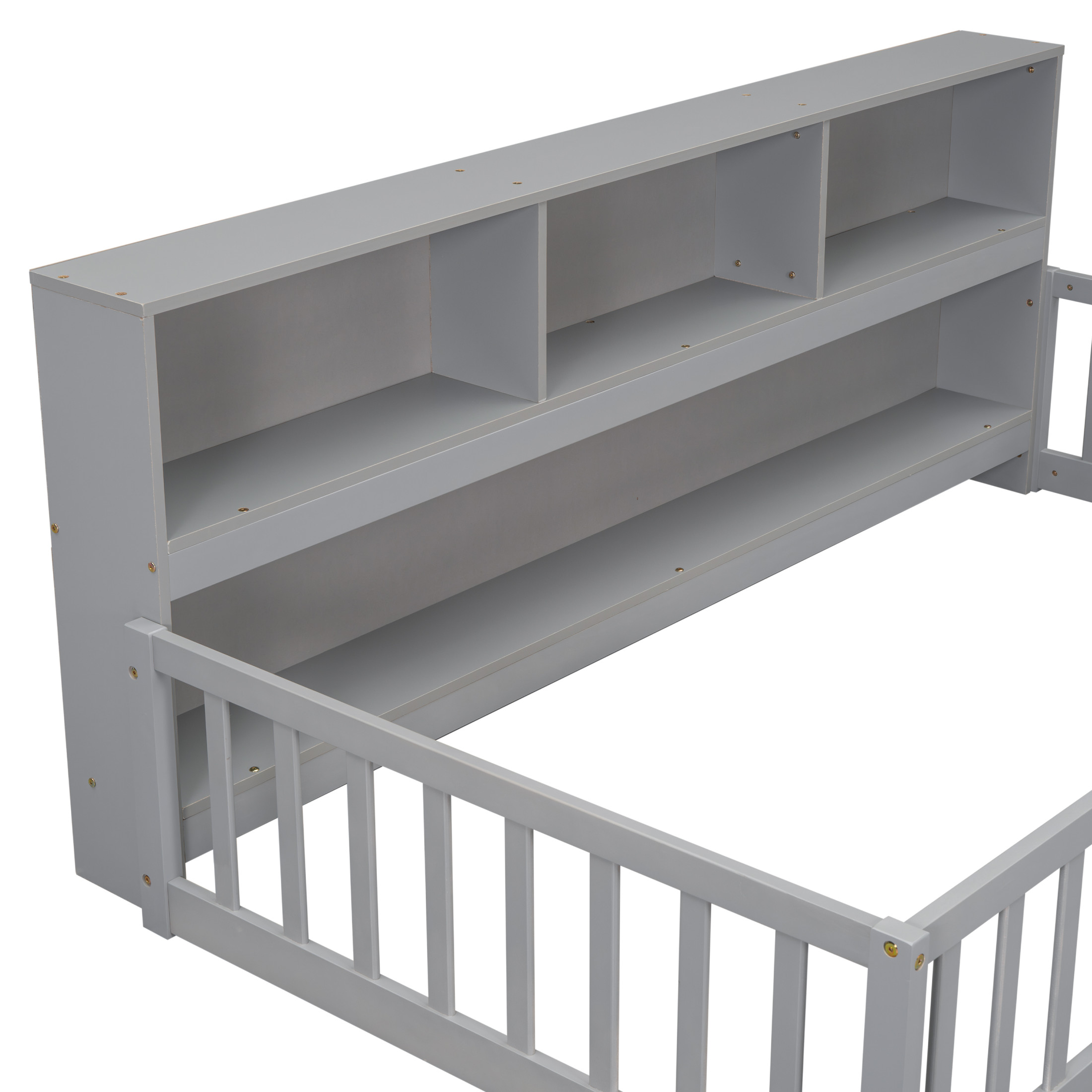 Noble House Lester Twin Size Floor Bed, Pine Wood Frame with Side Bookcase, Shelves, and Guardrails for Kids, Grey