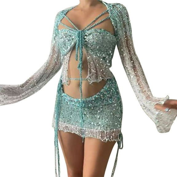 Ltctricy Women's 2 Piece Club Outfits Casual Crochet Sequin Long Sleeve Crop Top with Mini Skirt Knitted Trendy Sparkly Sets