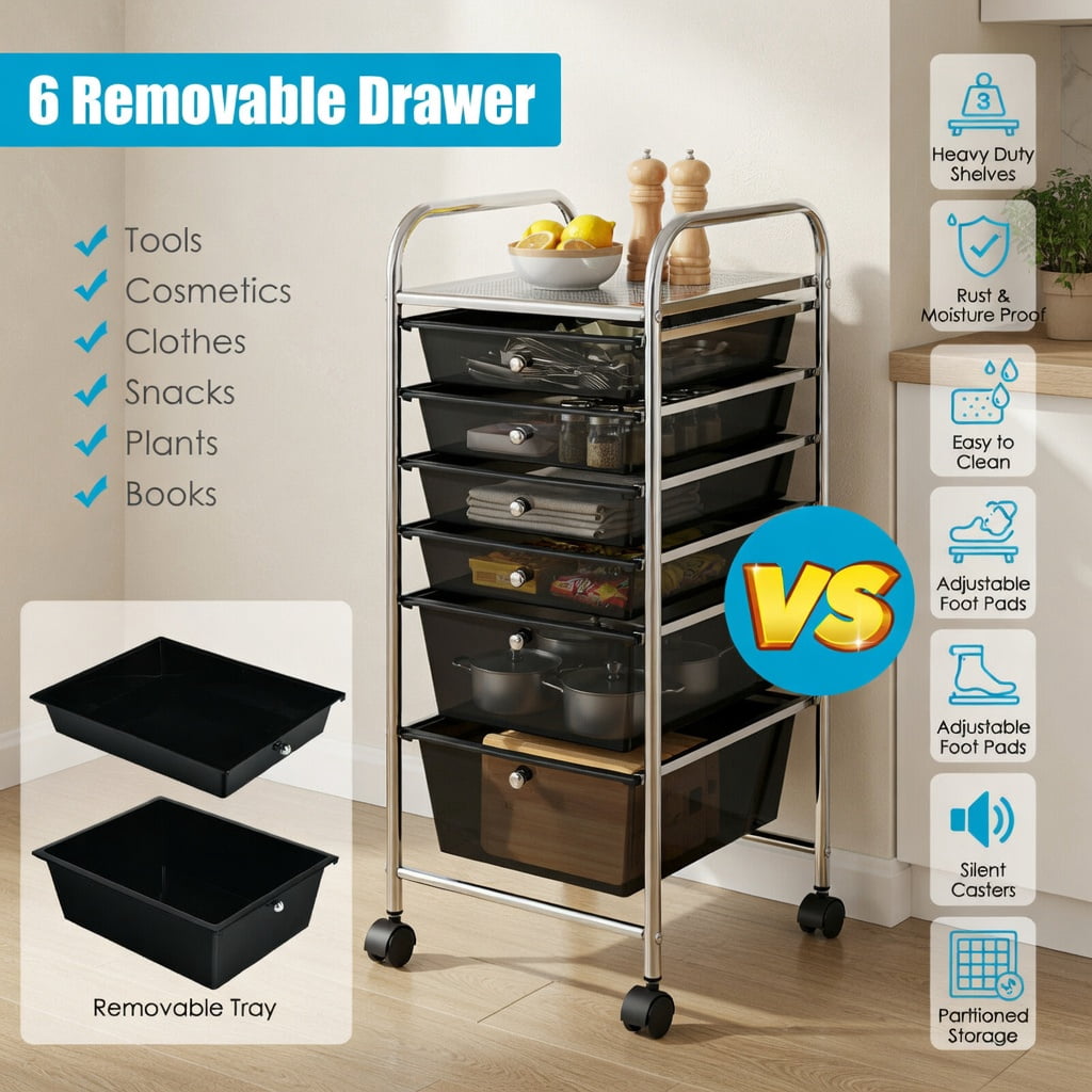 Spaco 6 Drawers Rolling Storage Cart Organizer-Black, Craft Organizers and Storage, Multipurpose Organizer Cart for Home, Office, School