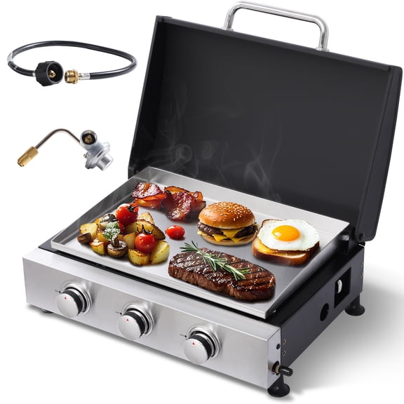 Portable 3-Burner Propane Gas Flat Top Grill with Stainless Steel Pan & Cast Iron Grates, 30,000 BTU High-Output Tabletop Griddle with Heat-Resistant Lid for Outdoor Barbecue & Tailgating