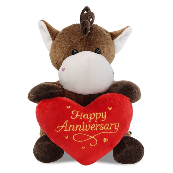 DolliBu Horse Stuffed Animal with Happy Anniversary Red Heart Plush - Soft and Cuddly Farm Animal Horse Plush Toy Gift for Couples or Friends - 6 Inches