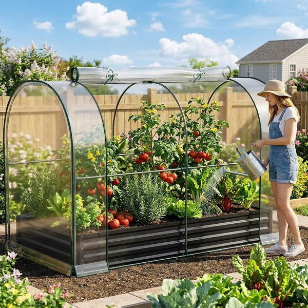 SLSY Galvanized Raised Garden Bed with PVC Cover,Metal Planter Bottomless Box w/ Roll-Up Window,Mini Greenhouse Tent for Vegetables Flower Fruit