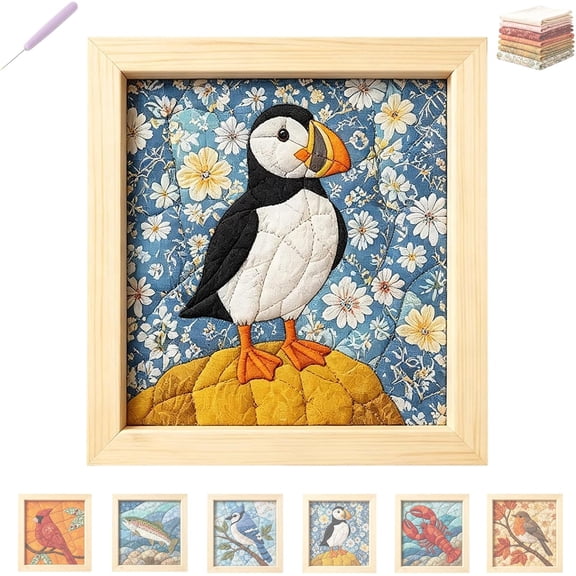 No-Sew Kinusaiga Fabric Decoration Art Kit, DIY No-Sew Kinusaiga Fabric Art Kit Ornament, Relaxing Handmade Art Project for Adults,Puffin