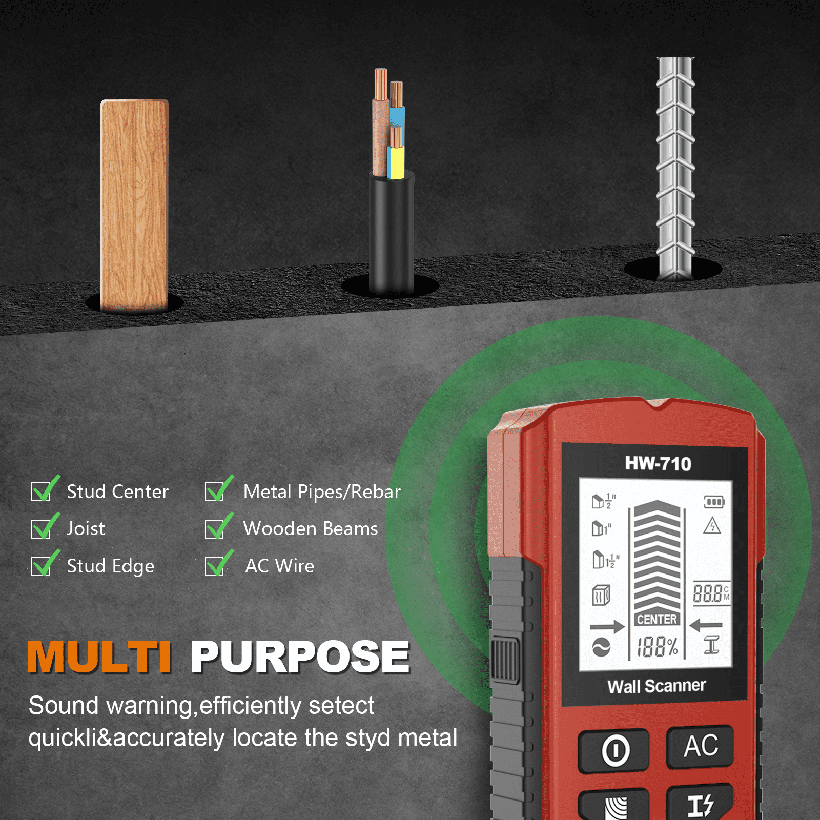 Detector manual multifunción de metales y paredes,Portable Wire Pipe Power Detector,6 In 1 Stud Finder Wall Scanner,HD LCD Display and Audio Alarm, High Sensitivity Sensor for Detecting Wood,Cables