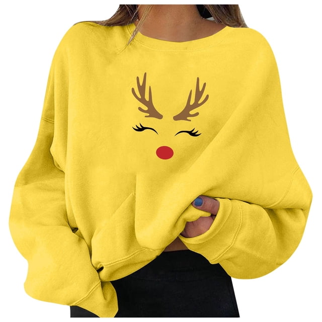 HNMKIU Hauts pour Femmes Chandails en Molleton de Noël Pulls de Vacances pour Femmes Imprimé Graphique Col Rond Manches Longues