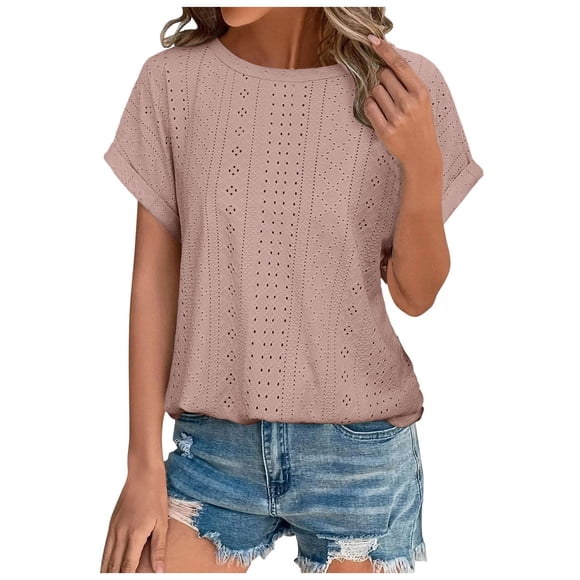 Camiseta informal de cuello redondo y manga corta para mujer: color liso, corte holgado con encaje, imitación de algodón, tallas S-XXXL para primavera/verano.