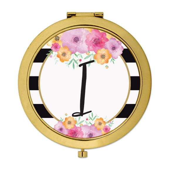Koyal Wholesale Compact Mirror Bridesmaid's Wedding Gift, Gold, Monogram Letter I, Modern Black White Stripes , 1-Pack