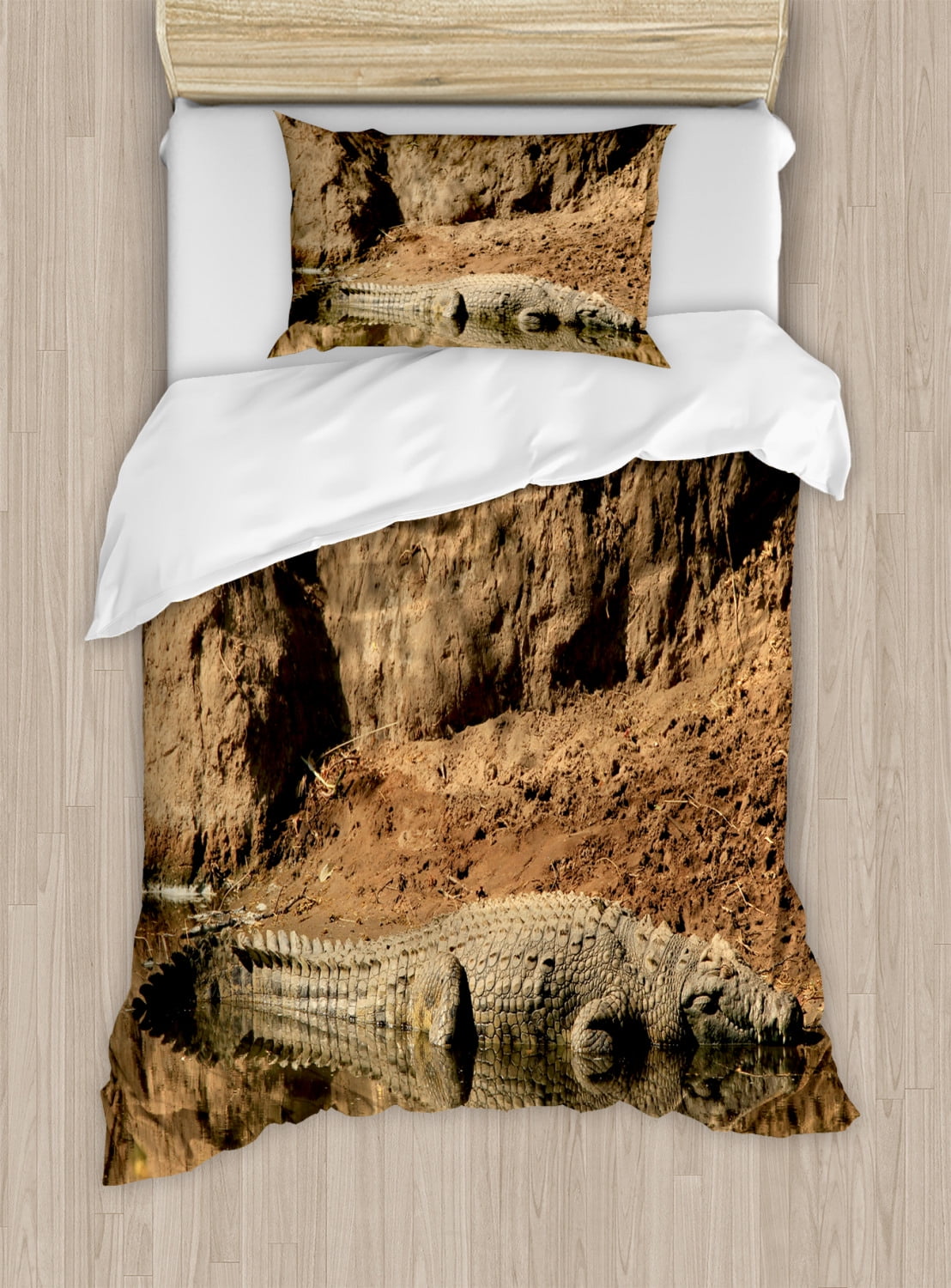 Wildlife Decor Twin Size Duvet Cover Set, Nile Crocodile Swimming in