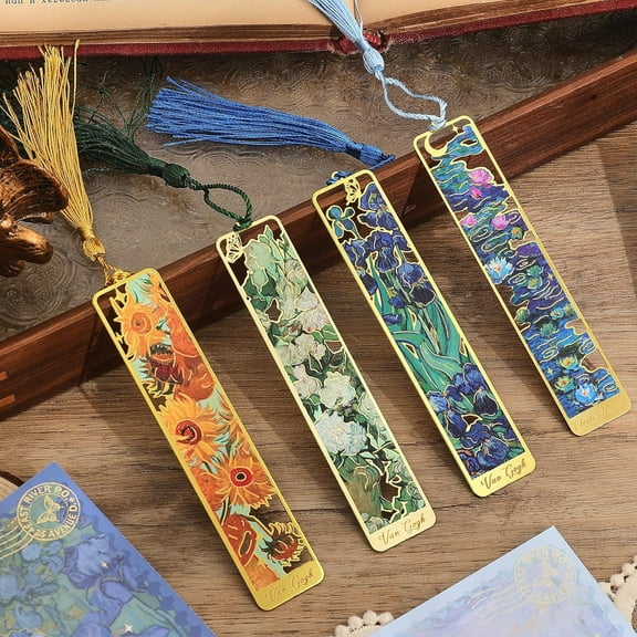 4 Pieces Metal Bookmarks with Tassel, Golden Hollow Bookmark Van Gogh Oil Painting Theme Book Mark Bookmarks for Book Lovers Writers Readers Children Teens Men Women Adults