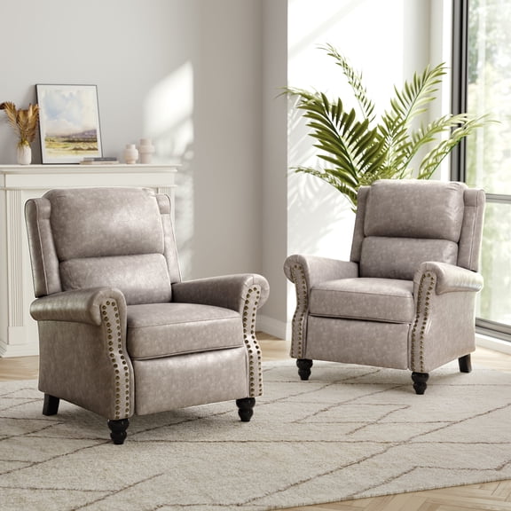 DREAMSIDEA Pushback Recliner Chair Sets of 2 Faux Leather Wingback Accent Chair Single Lounge Recliner Reading Chair for Living Room, Gray