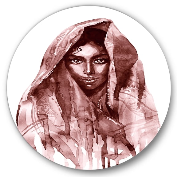 Designart 'Black and White Portrait of Young Indian Woman II' Modern Circle Metal Wall Art 36x36 - Disc of 36