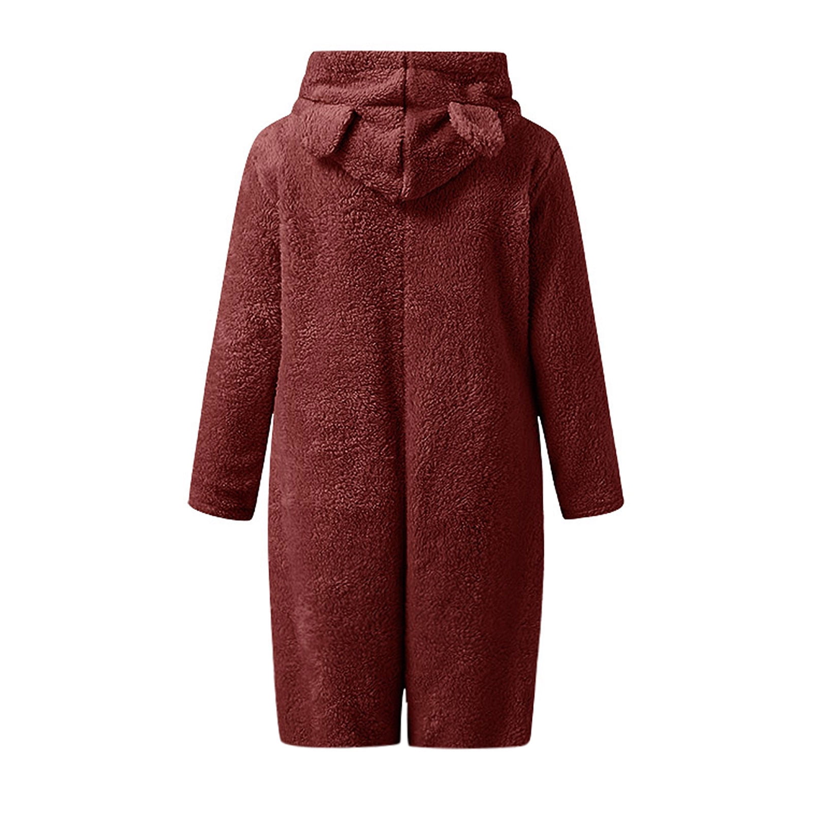 BiZtdJrK Womens Plush Onesies Pajamas Sherpa Fleece Short Jumpsuit Fuzzy Cute Ear Hooded Romper Zipper Sleepwear, Wine, S