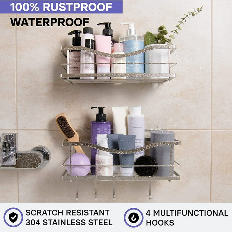KINCMAX Shower Caddy Basket Shelf with Hooks for Hanging Sponge, No  Drilling Adhesive Wall Mounted Bathroom Storage Shampoo
