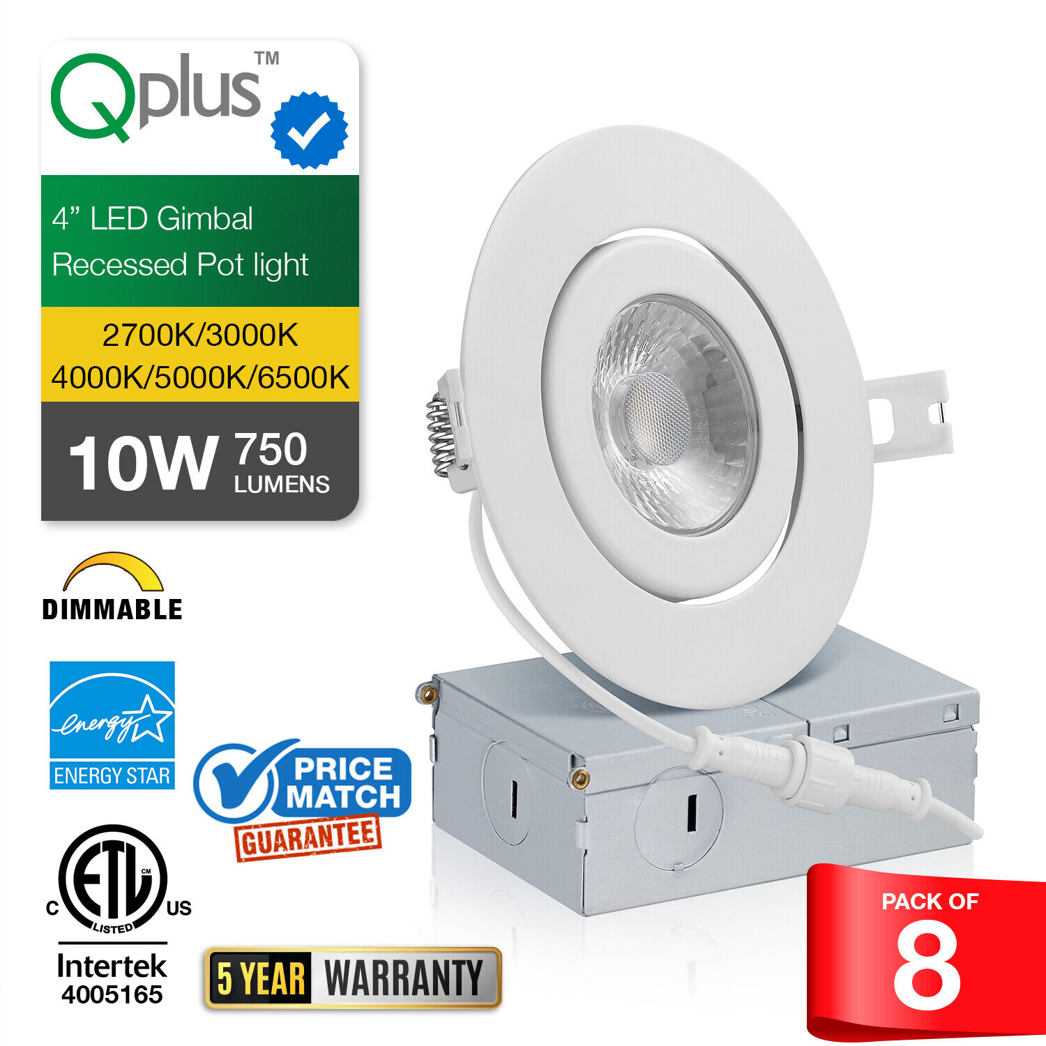 QPLUS Inch Ultra-Thin Adjustable Eyeball Gimbal LED Recessed Lighting  with Junction Box/Canless Downlight, 10 Watts, 750lm, Dimmable, Energy Star  and ETL Listed (5000K Daylight, Pack)
