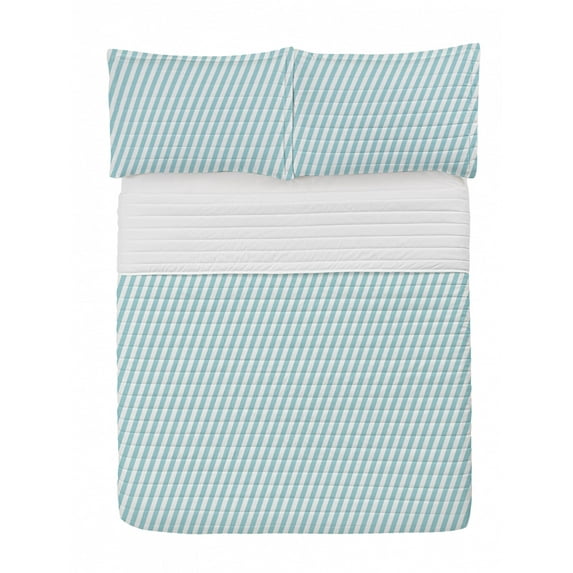 Modern Microfiber Bedspread Set, Soft Colored Skewed Bold Stripes Lines Contemporary Style Simplistic Design, Soft Bedding Set with Pillow Shams & Comforter, 3 Sizes, Pale Blue White, by Ambesonne