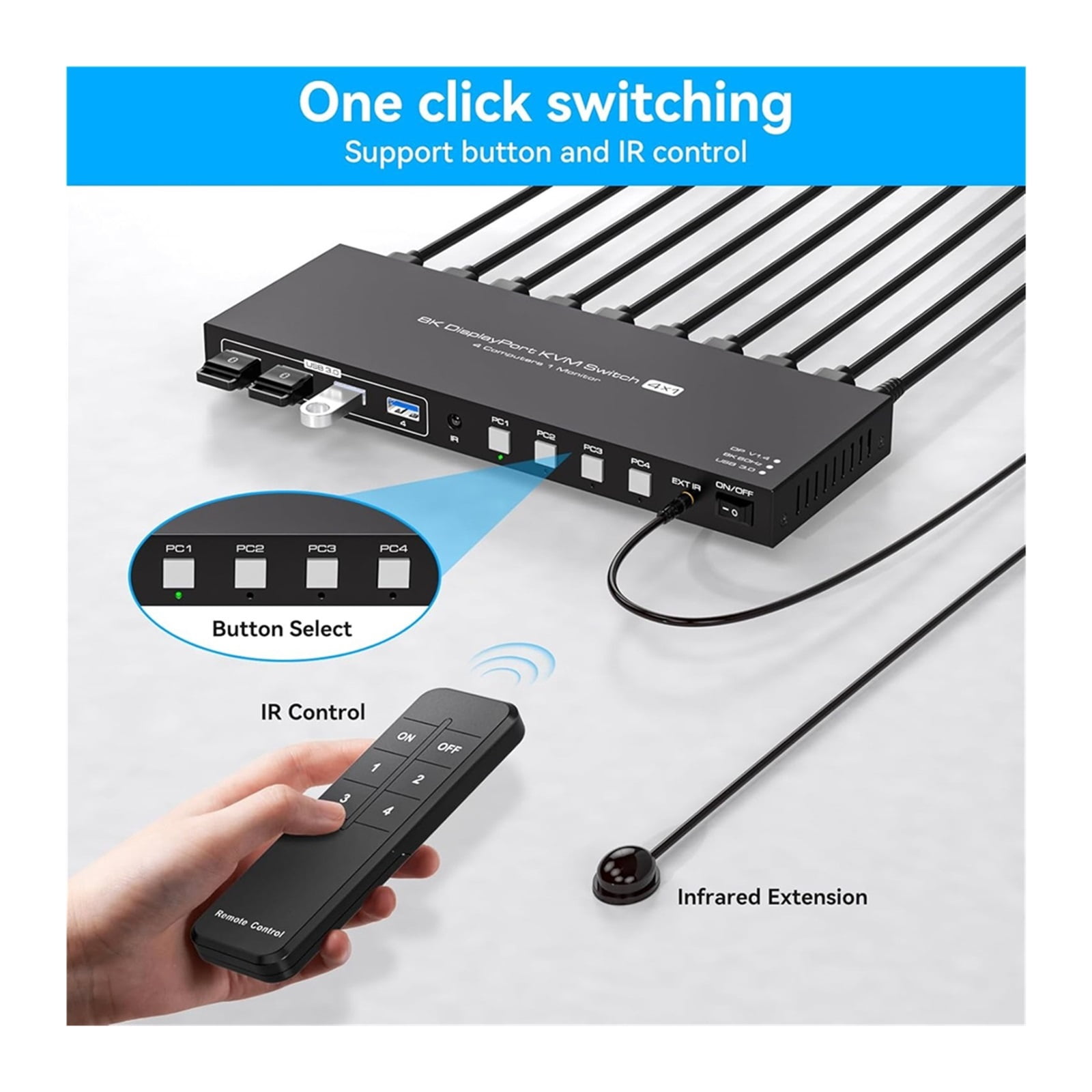 8K Displayport KVM Switch 1 Monitors 4 Computers 4K 144Hz 4x1 DP USB 3.0 KVM Switch