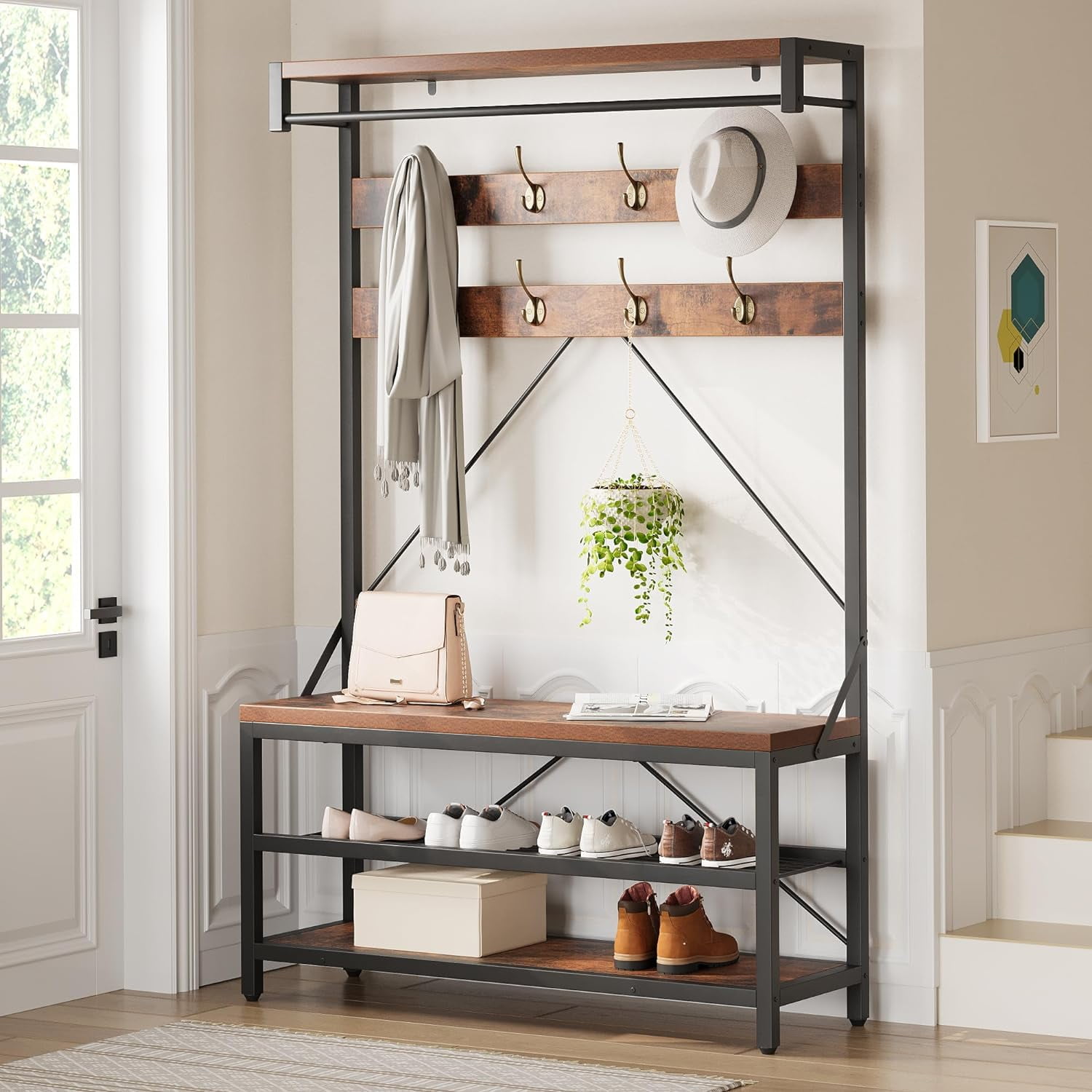 EastVita Coat Rack Shoe Bench Industrial Hall Tree Storage Bench for Entryway Wood Look Accent Large Shoe Rack Bench with Storage Shelf Hanging Bar,8 Hooks Grey 39.9"x15.7"x72"