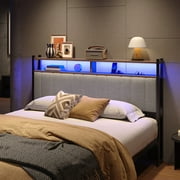 Pinmoco Headboard for Queen Size Bed with Storage, Linen Upholstered Head Board with LED Light and Charging Station, Gray, Headboard Only(Bed Frame Not Included)