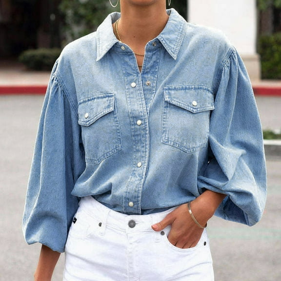 Vedolay Women's 2023 Jackets Womens Fall Leopard Stitching Denim Jacket Long Sleeve Jean Coat,Blue XL