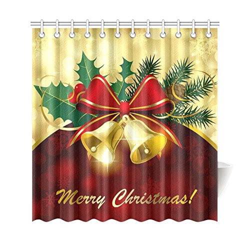 BPBOP Christmas Bells Bow Shower Curtain, Red and Gold Polyester Fabric ...
