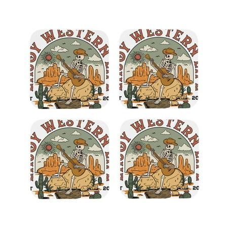 

Fuzoiu Skeleton Cowboy And Guitar Print Leather Coasters Set Drink Coasters Set of 4 for Tabletop Protection Durable PVC Coasters Home Décor and Housewarming Gift-Square