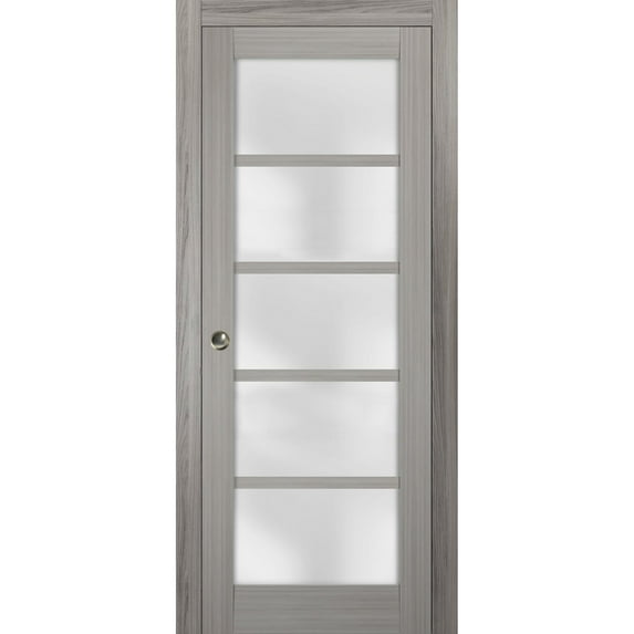 Sliding French Pocket Door 24 x 84 inches with Frosted Glass | Quadro 4002 Grey Ash | Kit Trims Rail Hardware | Solid Wood Interior Bedroom Sturdy Doors
