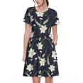 thumbnail image 1 of Bixox Robe d'Été à Manches Courtes pour Femmes Robe Ample Longueur Genou avec Poches-Fleurs de Lys, 1 of 7