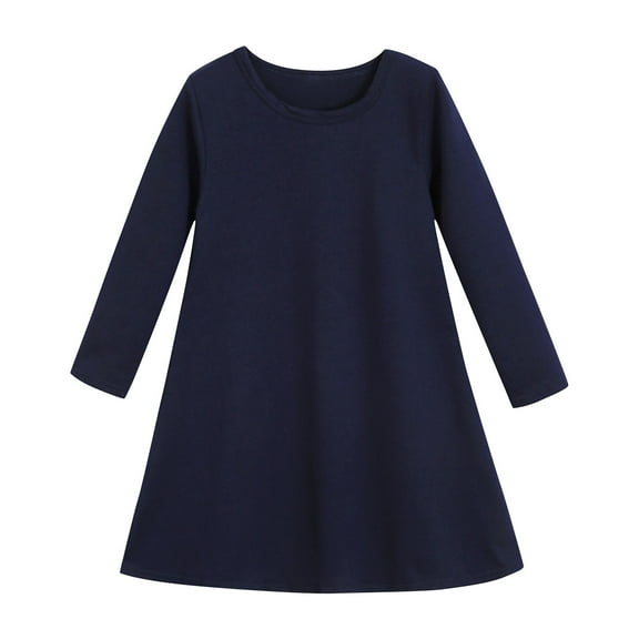 SERTG Kids Fashion Solid Color Dress Long Sleeve Casual Round Neck Fall Winter Skirt Comfortable for Children 2-12 Years(Navy,3 Years)
