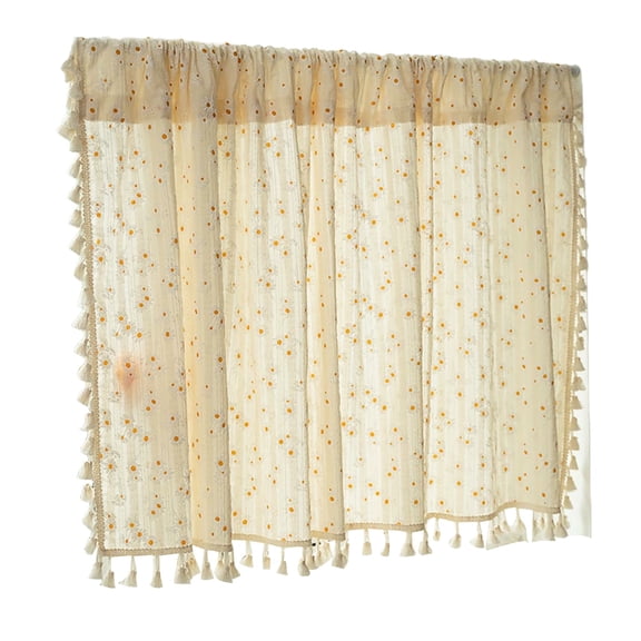 BINGLI Boho Rainbow Pompom Sheer Valance Faux Linen Stripe Window Topper Curtain with Tassels Light Filtering Short Curtains Tier for Cafe/Bathroom/Kitchen Rod Pocket (Beige, W23 X L35 Inch)