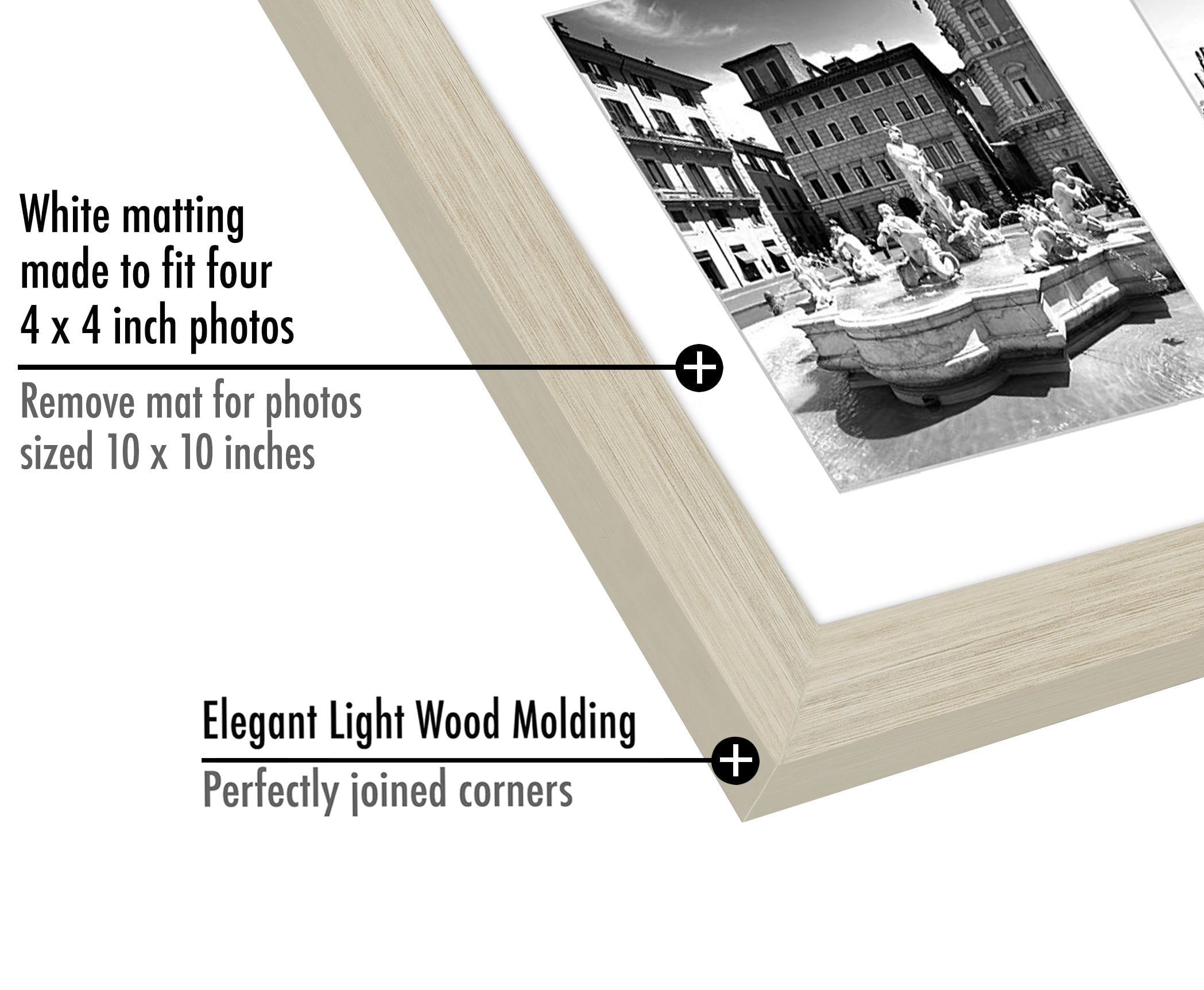 10x10 Collage Picture Frame in Light Wood With Four 4x4 Inch Openings - Composite Wood with Shatter Resistant Glass - Horizontal and Vertical Formats for Wall