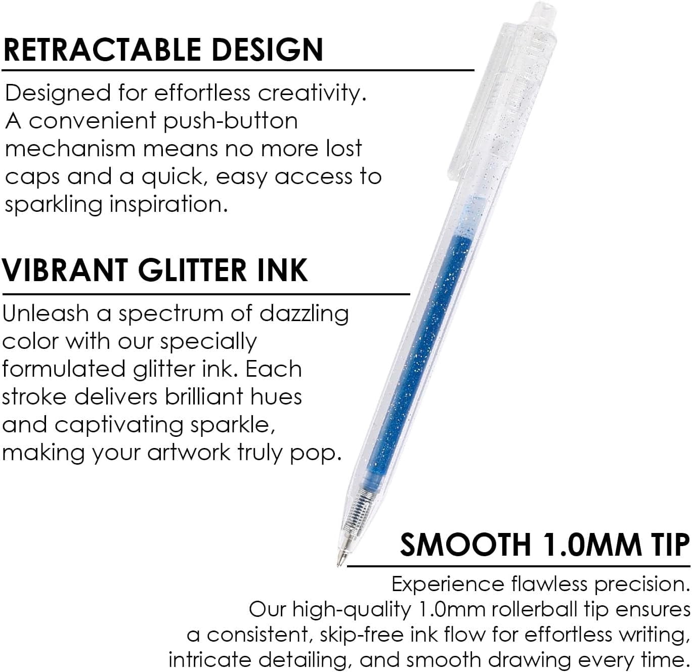 Glitter Gel Pens, 18 Colors Glitter Gel Pens Set, Retractable Sparkle Gel Ink Pens for Coloring Books, Journaling, Drawing, Scrapbooking & DIY Crafts, Smooth Writing Art Pens for Creative Work