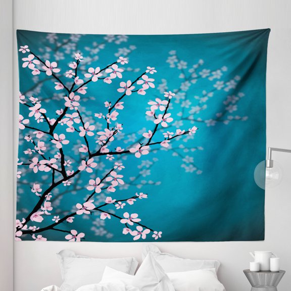 Japanese Tapestry, Spring Season Culture Sakura Bloom Design Marine Toned Ombre Background, Fabric Wall Hanging Decor for Bedroom Living Room Dorm, 5 Sizes, Petrol Blue Pale Pink, by Ambesonne