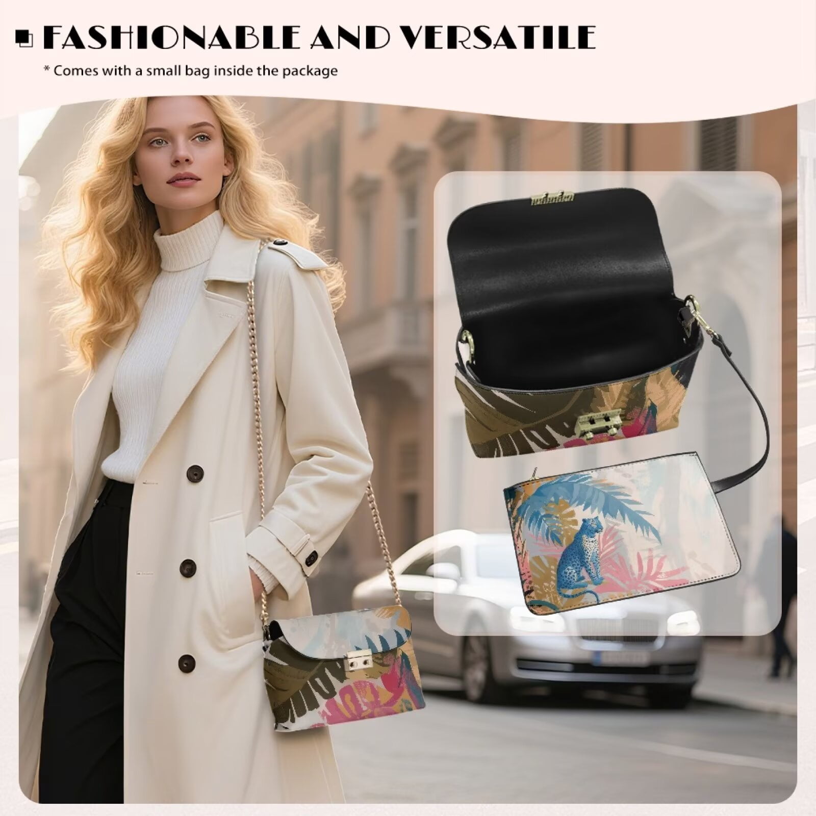 Pzuqiu Abstract Print Crossbody Bags Leather Women Vintage Trendy Small Leather Crossbody Bags for Women Metal Chain Strap Lightness for Party and Special Occasions