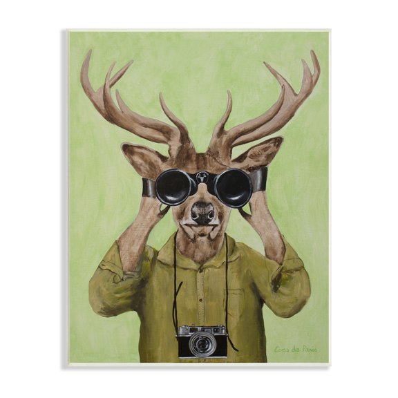 Stupell Industries Funny Cute Deer Binoculars Camera Painting Green Background, 10 x 15, Design by Coco de Paris