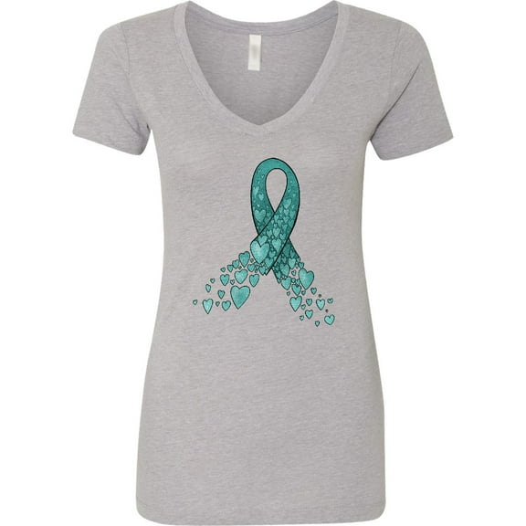 Inktastic Ovarian Cancer Awareness Teal Ribbon Made of Hearts Women's V-Neck T-Shirt