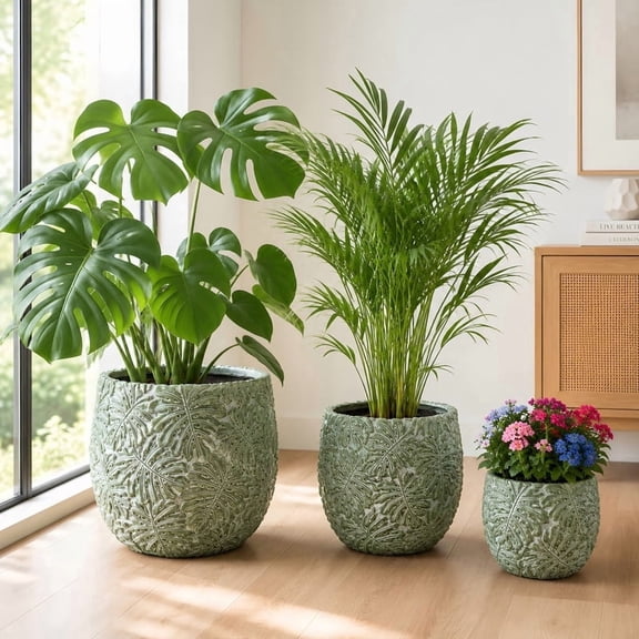 3-Piece Large Concrete Planter Set for Indoor & Outdoor Use - Round Garden Pots (18, 13, 9 Inch Dia) with Drainage Hole & Plug (SH002)