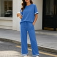 thumbnail image 2 of Besolor 2 Piece Sets for Women Summer Color Block Loungewear Outfits Crewneck Short Sleeve Tops Wide Leg Pants Set(Small,Blue), 2 of 7