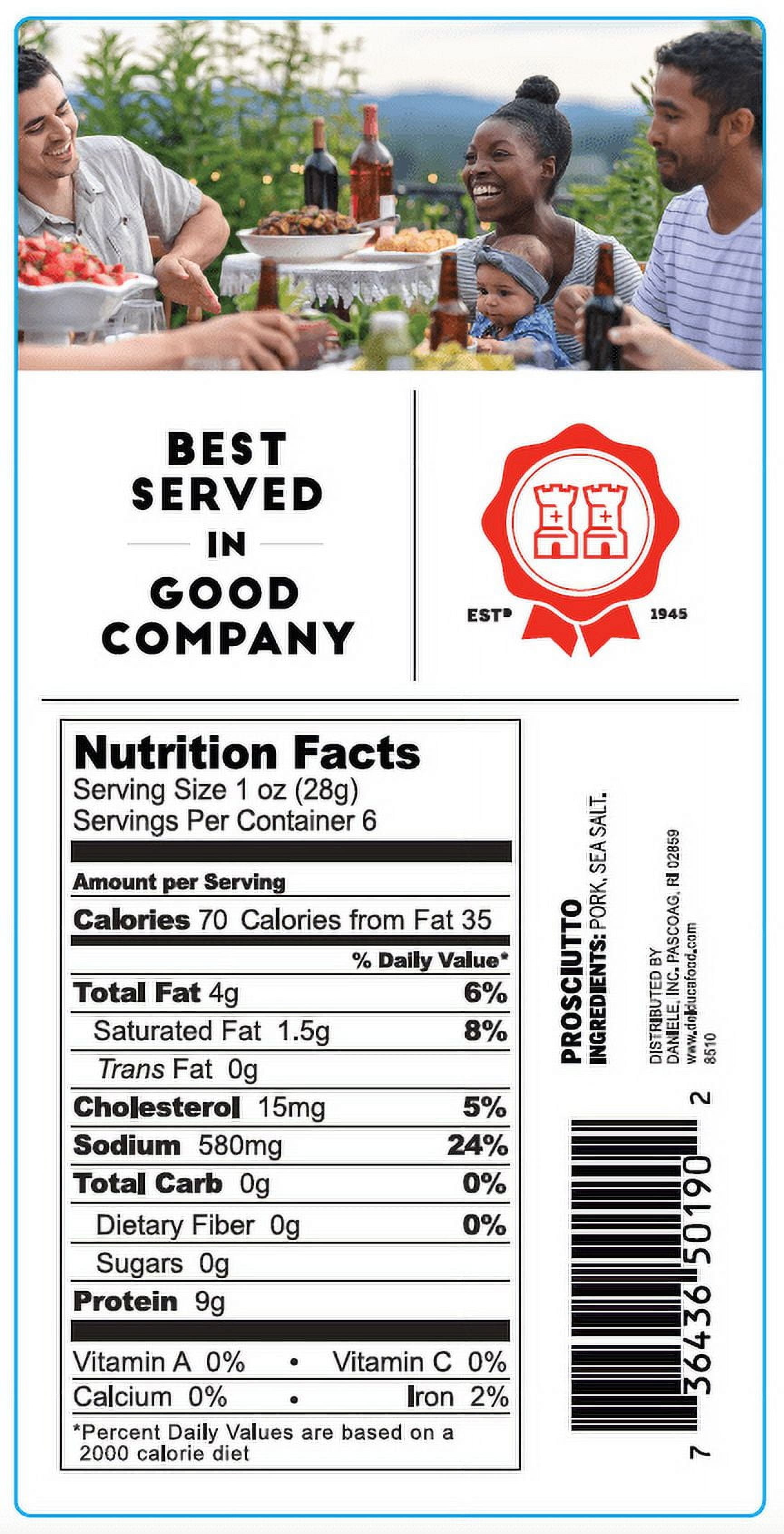 Del Duca, Dry Cured Prosciutto, Sliced Pork Deli Charcuterie Meat, 6 oz Plastic Tray, Serving Size 1 oz, 9 Grams of Protein per Serving