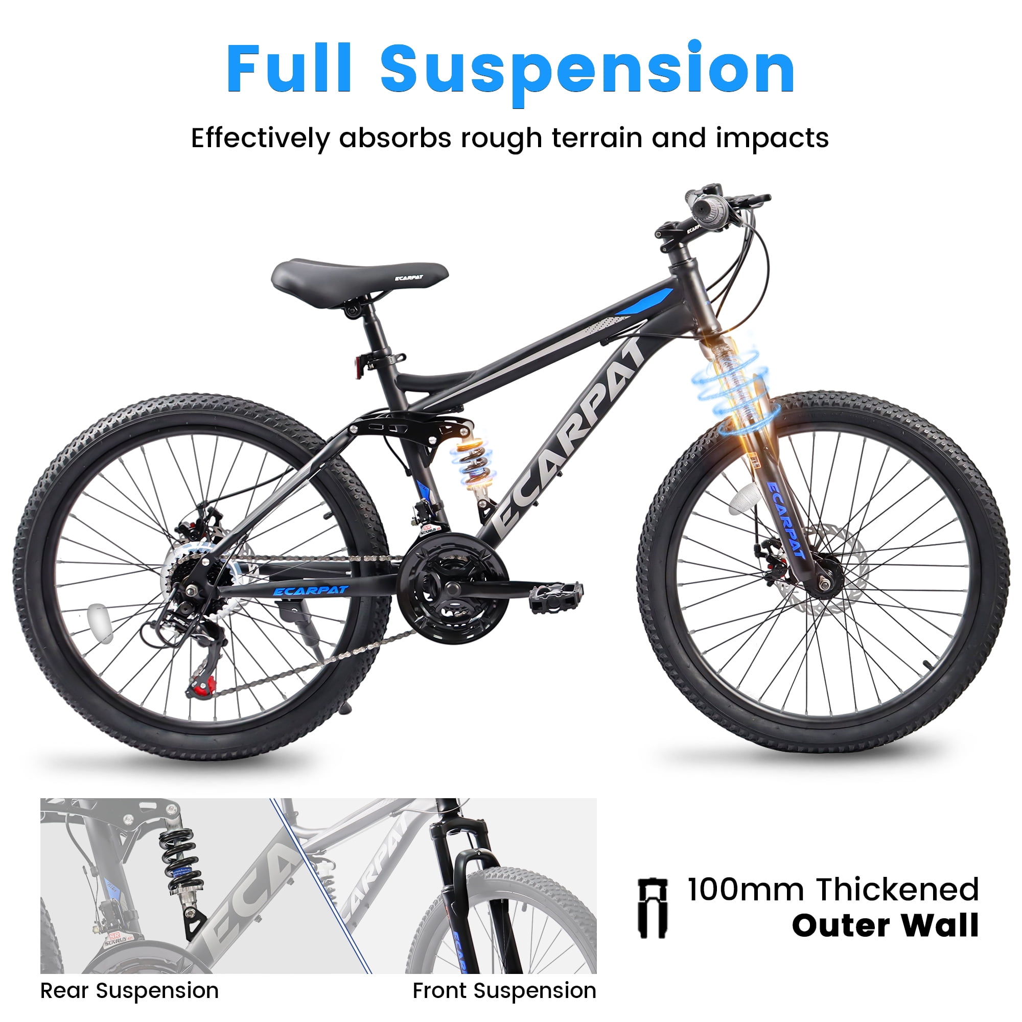 27.5 Inch Dual Full Suspension Mountain Bike, 21-Speed Mountain Bike with Dual Disc Brakes and Carbon Steel Frame, Trail Beach Snow Commuter City Bicycles for Adult Men Women, Black