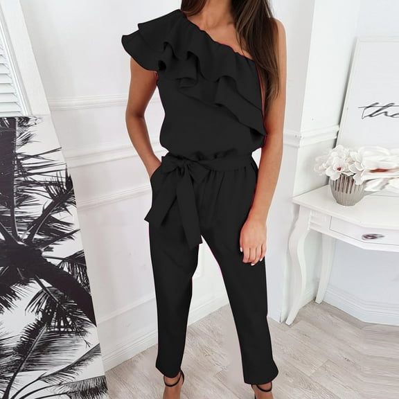 Usmixi Jumpsuits for Women Dressy Fashion One Shoulder Ruffle Layer Pocket Long Jumpsuits Overalls Summer Slash Neck Short Sleeve Solid Maxi Formal Rompers Black l