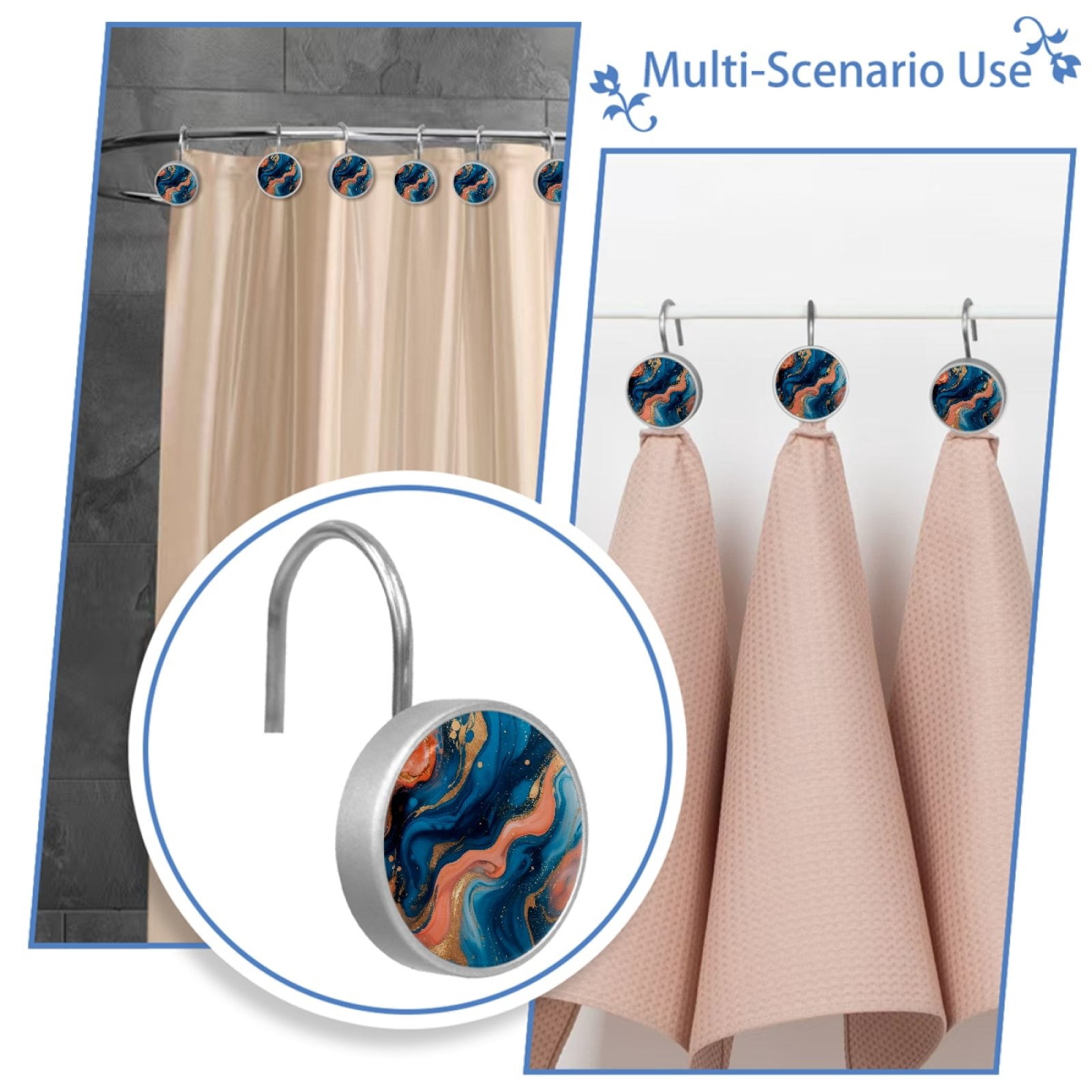 Blue Pink Marble 12 Pack Shower Curtain Hooks, Decorative Shower Rings for Shower Curtain Rods, Stainless Steel, Rust Resistant, Round Curtain Hooks for Bathroom