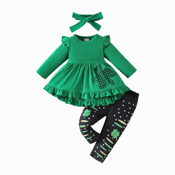 Xyant Toddler Baby Girl St.Patrick's Day Outfits Long Sleeve Clover Dress Shirt Shamrock Print Pants Headband Infant Spring Clothes Set (Green,18-24 Months)