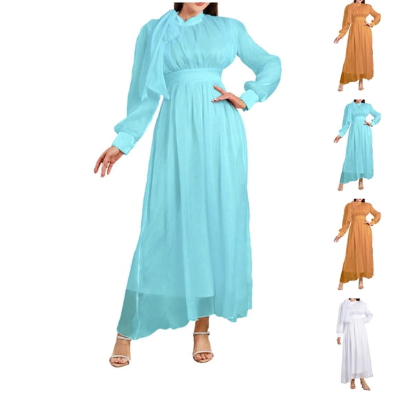 THDHVS Dresses for Women,Linen Dress,Plus Size Women Fashion Solid Color Long Sleeve Dress Crewneck Casual Blue