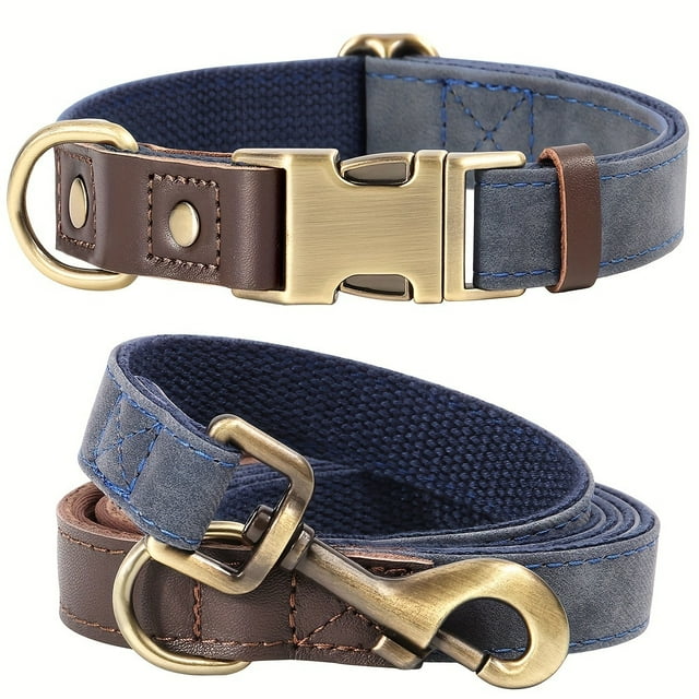 CNKOO PU Synthetic Leather Pet Collar and Leash Set Retro Color Matching Durable Nylon Webbing Lined Dog Collar Suitable for Large Medium and Small Dogs