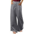 thumbnail image 1 of Pantalon Grand en Lin pour Femmes, Taille Élastique à Cordon, Palazzo Décontracté avec Poches, 1 of 6