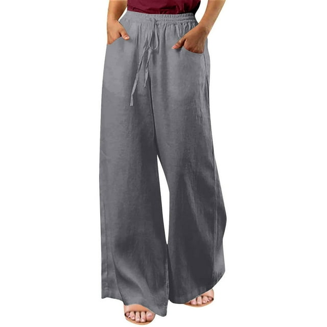 Pantalons Larges pour Femmes en Lin à Taille Élastique avec Poches
