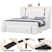 Homfa Queen Bed Frame with LED Headboard & Charge Station & 2 Storage Drawers, PU Leather Upholstery Adjustable Platform Bed Frame, White